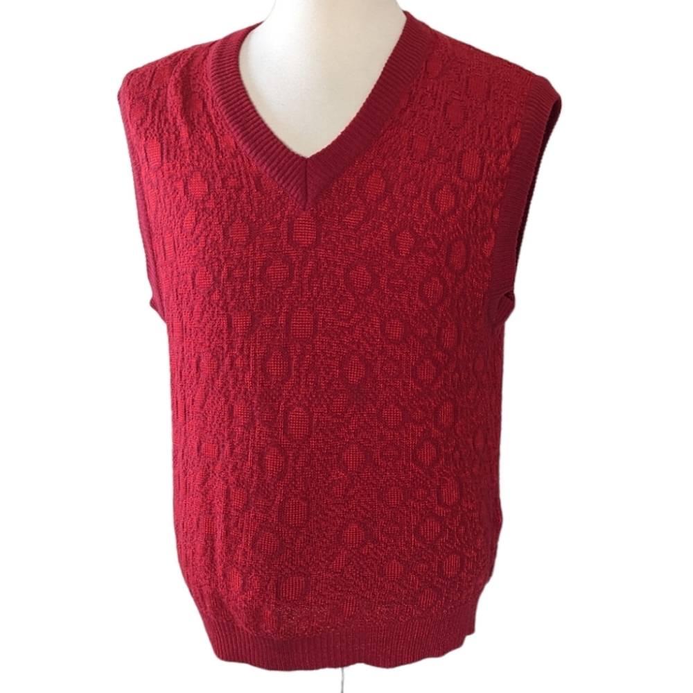 Vintage Alan Stuart Golf Sweater Vest Large Red Woven Textured Design V Neck